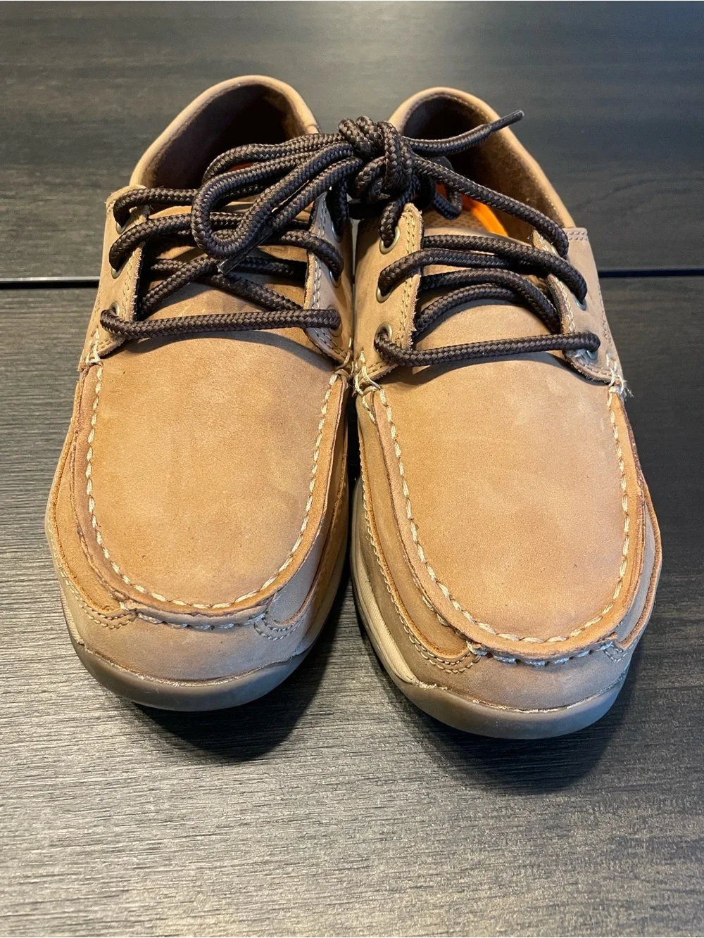 Rockport Works Men's Brown Leather Steel Toe Boat Shoes with Dark Brown Laces